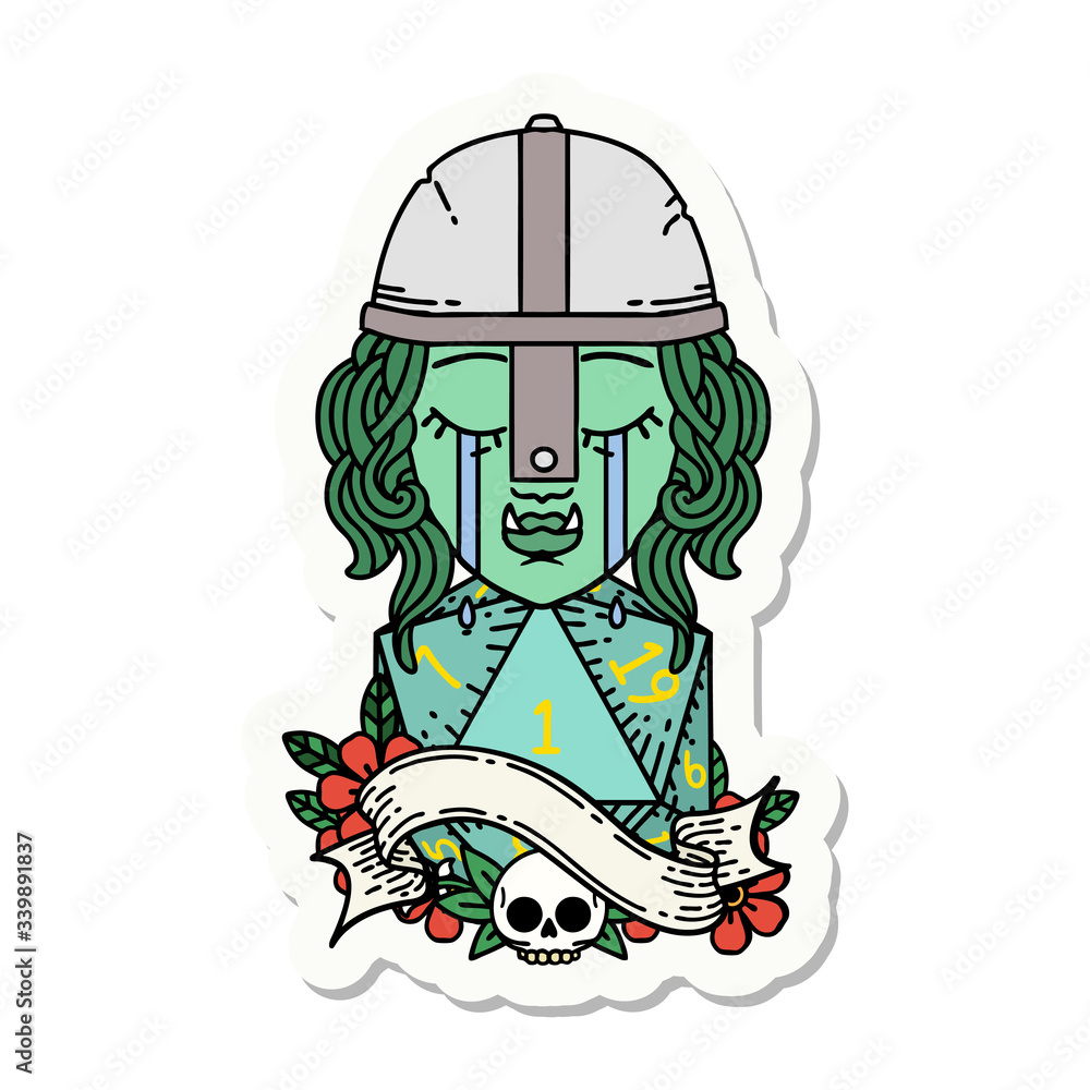 crying orc fighter character face with natural one D20 roll sticker crying orc fighter character face with natural one D20 roll sticker