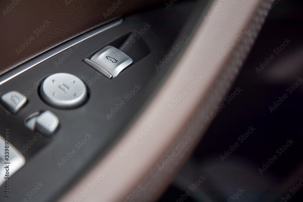 close-up of control button open close the trunk door on the driver's brown Leather Interior Door Handle in a new modern premium luxury car. close-up, soft focus