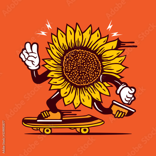 Skater Sunflower Flower Skateboarding Character Design