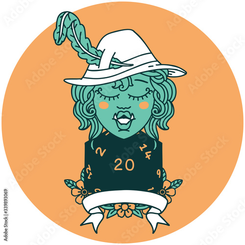 half orc bard with natural 20 dice roll icon