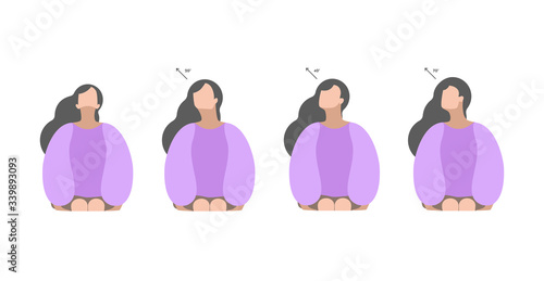 Vector isolated illustration set with girl. Neck exercises where she work with head. Turn and fix neck position for 15 seconds. Creative concept. Violet colors. White background. Flat style