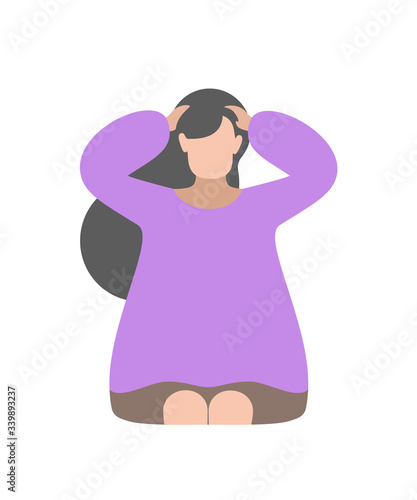 Vector isolated illustration. Neck and head exercises by girl with head massage by fingers. Creative concept. Purple colors. White background. Flat style