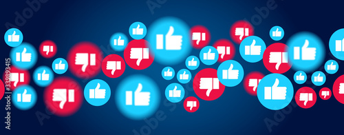 On a blue background there are many icons with likes and dislikes