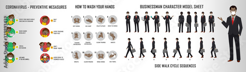 Businessman charater model sheet and walk cycle animation sequence for infographics New coorna virus Symptoms of preventive measures