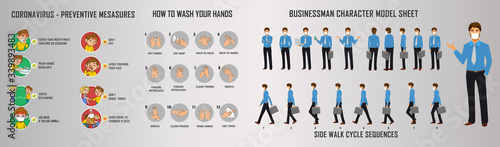 Businessman charater model sheet and walk cycle animation sequence for infographics New coorna virus Symptoms of preventive measures