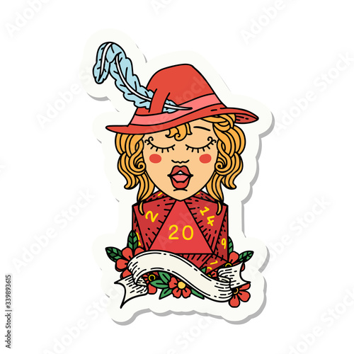 human bard with natural 20 dice roll sticker