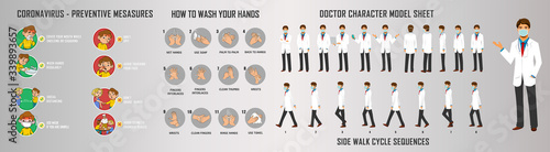 Doctor charater model sheet and walk cycle animation sequence for infographics New coorna virus Symptoms of preventive measures