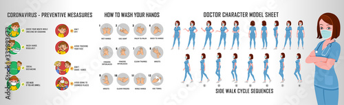 Doctor charater model sheet and walk cycle animation sequence for infographics New coorna virus Symptoms of preventive measures