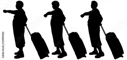 Vector illustration three silhouettes of older women with suitcases on wheels. Senior women stand behind each other and look at the wristwatch. Grandma is in line. Late tourists with luggage on wheels