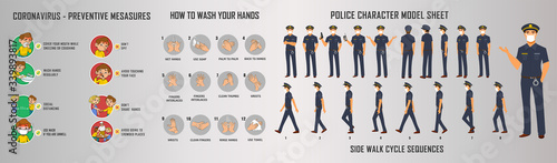 Police charater model sheet and walk cycle animation sequence for infographics New coorna virus Symptoms of preventive measures