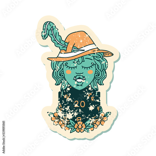 half orc bard with natural twenty dice roll  illustration