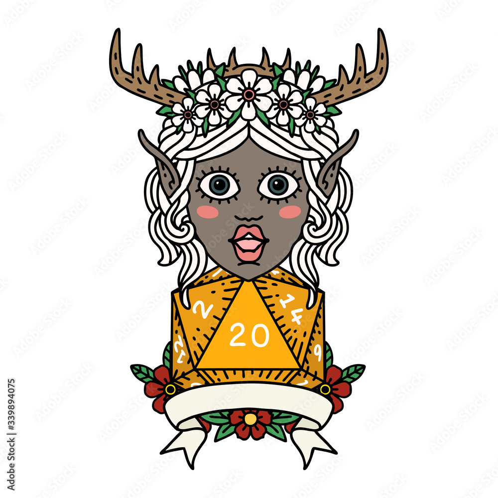 elf druid character with natural 20 dice roll illustration elf druid character with natural 20 dice roll illustration