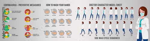 Doctor charater model sheet and walk cycle animation sequence for infographics New coorna virus Symptoms of preventive measures