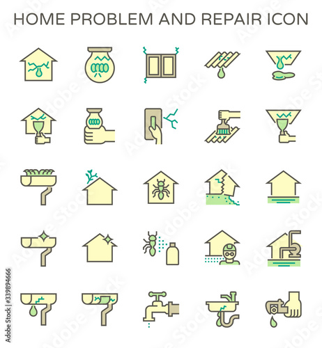 House problem and repair vector icon consist of building, rain gutter, roof, wall, ceiling to crack, damage, broken from old, disaster. Result in water leak. To fix, maintenance. Editable stroke.