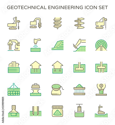 Geotechnical engineering, geotechnics and geology vector icon with machine equipment i.e. earth auger drill core bit, rig. Include survey, soil sample, laboratory test analysis for road, foundation.