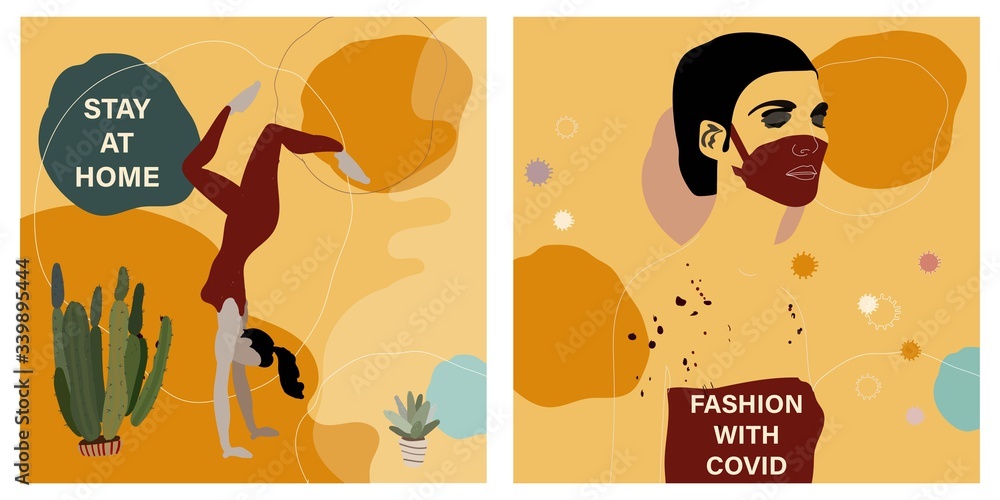 Fototapeta premium A beautiful girl stands in her arms at home in the houseplant house. Square vector illustrations in beige, cream and pink colors. The inscription 