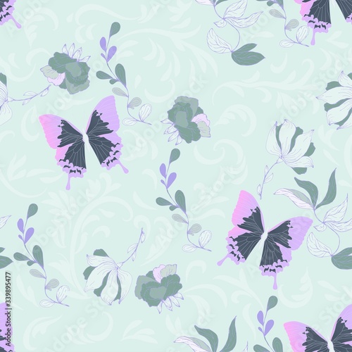 Seamless vector floral pattern of butterflies and inflorescences of flowers in elegant curls on a turquoise, light blue background.