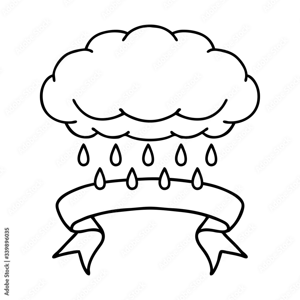 black linework tattoo with banner of a cloud raining black linework tattoo with banner of a cloud raining