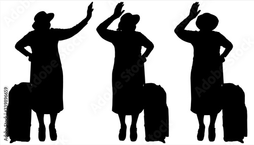 Vector illustration of a older woman with baggage and a hat. Grandmother in a hat with luggage on wheels. Line of tourists. Older women stand with luggage and wave their hands. Meeting with guests.