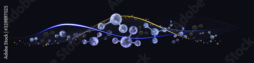 Horizontal composition of dynamic silver molecules and neon elements. Abstract background. Vector illustration isolated on dark background.