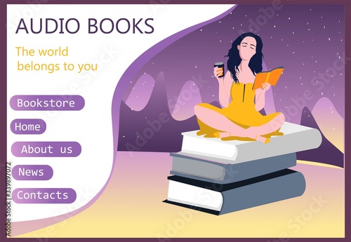 Modern interface for e-books. Audio books. User interface, UX and GUI screens. Template for the site. Electronic or audio books. . Audio media and books landing page page template. Vector illustration