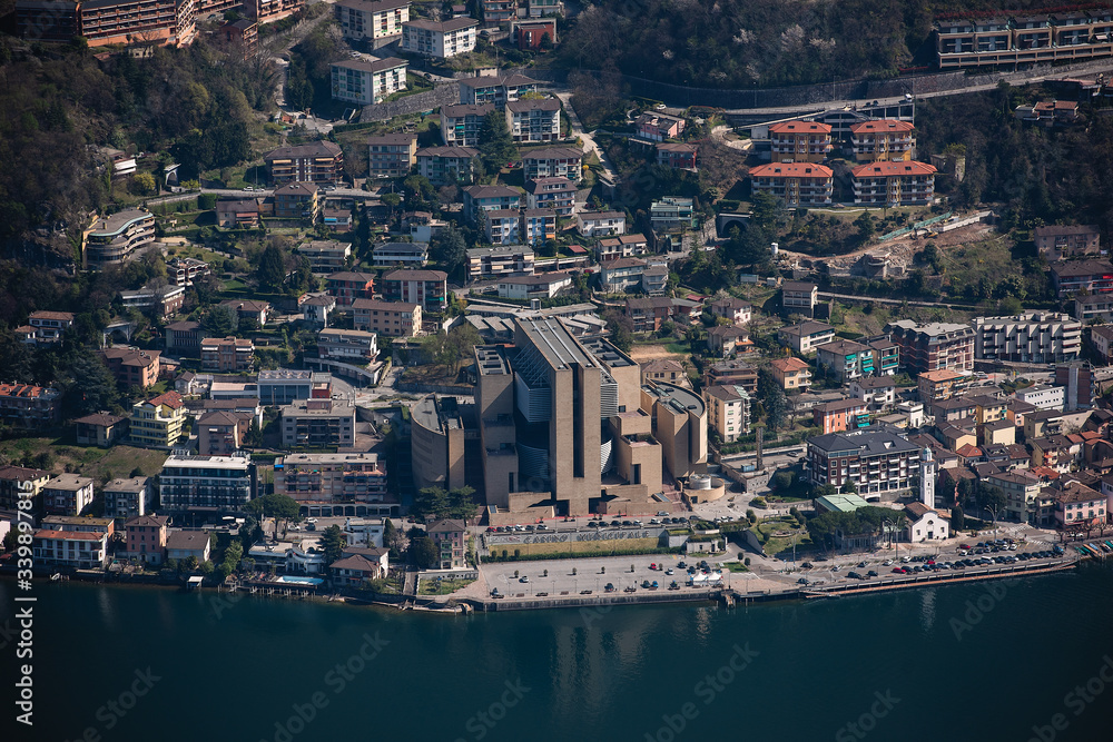 Top view of the city by the sea, coast of Switzerland, near are colored houses