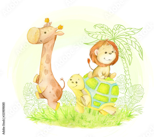 Giraffe  lion  turtle  tropical plants  palm tree. Cute cartoon animals. Watercolor concept on an isolated background  for children s holidays.