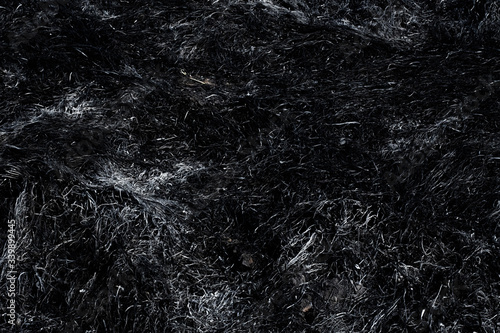 Black surface of the rural field with a burned grass. Effects of grass fire on soils. Charred grass after a spring fire. Consequences of arson and stubble burning. Aftermath of Natural Disasters.