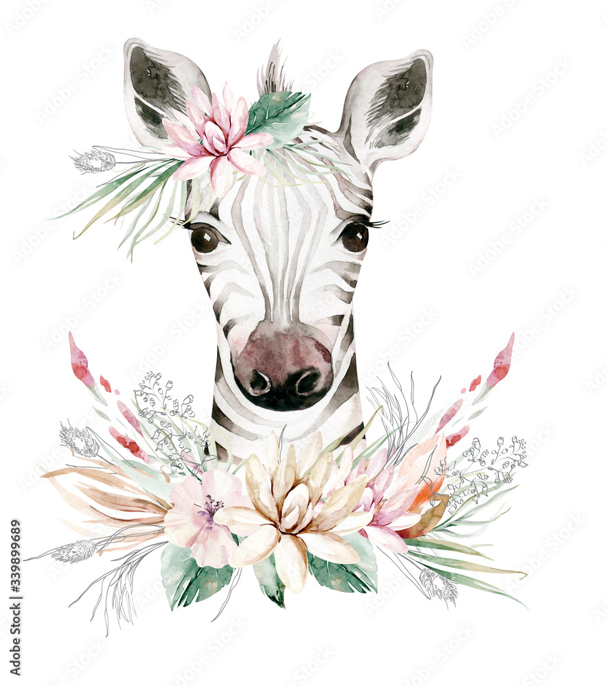A trendy poster with a zebra. Watercolor cartoon zebra savanna animal illustration. Jungle savannah tropical exotic summer print