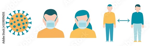 Isolierte Vektorgrafiken in Blau und Gelb von zum Verhalten in der Corona Krise wie das Covid Virus, Atemschutz Masken bei Männern und Frauen und Abstandhalten wie Social Distancing