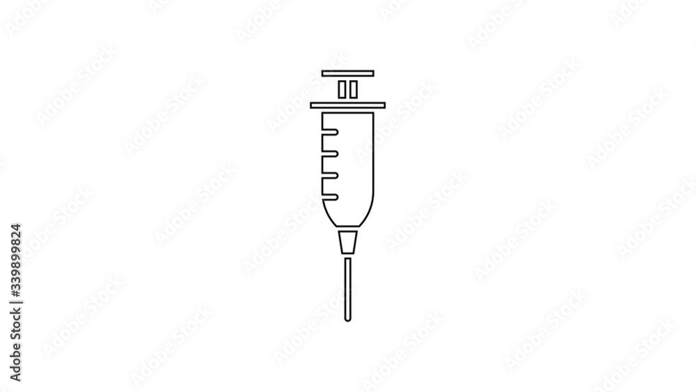 Black line Syringe icon isolated on white background. Syringe for vaccine, vaccination, injection, flu shot. Medical equipment. 4K Video motion graphic animation