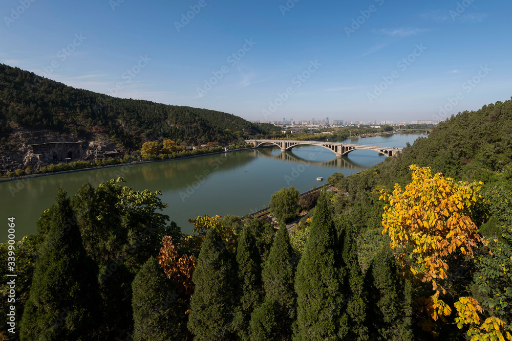 Aerial view of Longmen Bridge in Autumn, Yi River, Luoyang, Henan, China