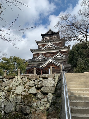 Hiroshima Castle closeup as viewed from stairs.