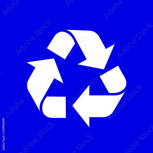 recycle symbol white isolated on blue background, white ecology icon on blue, white arrow shape for recycle icon garbage waste, recycle symbol for ecological conservation
