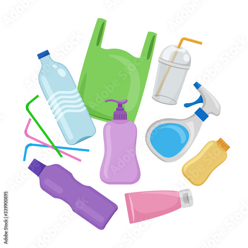 plastic waste many isolated on white background, pile of plastic garbage for recycling, waste bottle and bag plastic or rubbish recycle, illustration plastic waste garbage for recycle and separation
