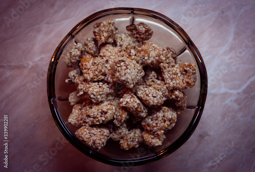 Healthy dessert bowl - caramelized sesame peanuts