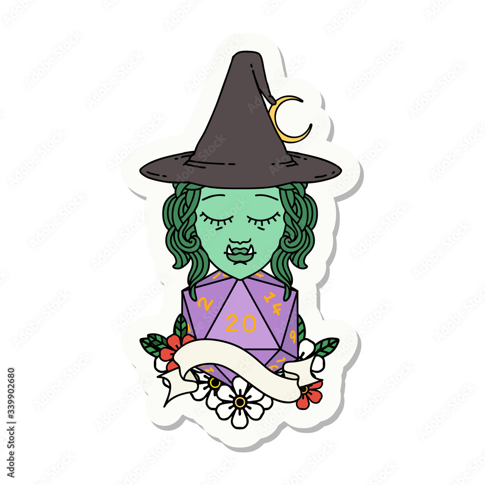 half orc witch character with natural twenty dice roll sticker