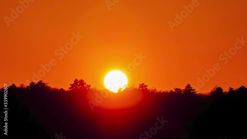 Sunset forest timelapse, sun moving down treetops timelaps, red sky above trees time lapse - fast motion 4K video clip footage. Telephoto lens clean clear skies.