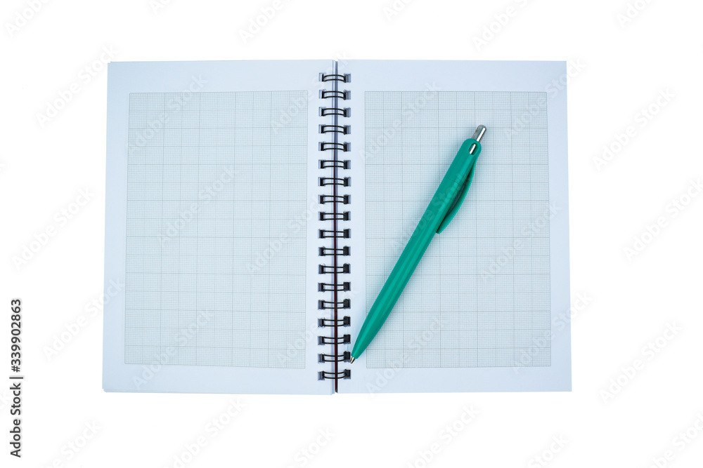 Light blue colored pen placed on top of a simple open white paper diary Light blue colored pen placed on top of a simple open white paper diary