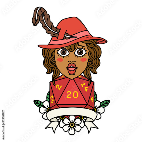 human bard character with natural 20 dice roll illustration