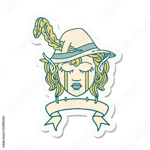 crying elf bard character face with banner sticker