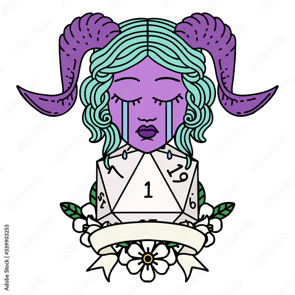 crying tiefling face with natural 1 D20 Dice illustration crying tiefling face with natural 1 D20 Dice illustration