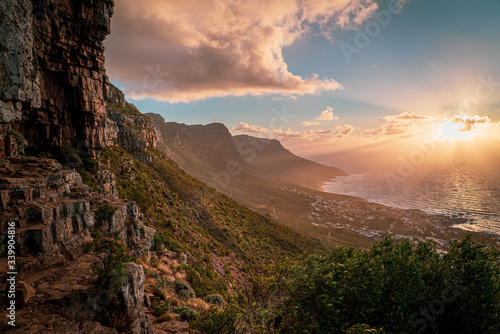 Dramatic Sunset with ocean view at Table Mountain National Park in South Africa.
