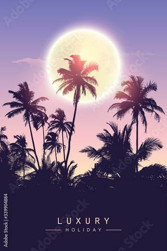 luxury holiday beautiful night by full moon and palm tree silhouette vector illustration EPS10