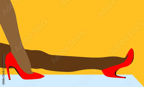 Vector slender tanned legs in red classic shoes on yellow