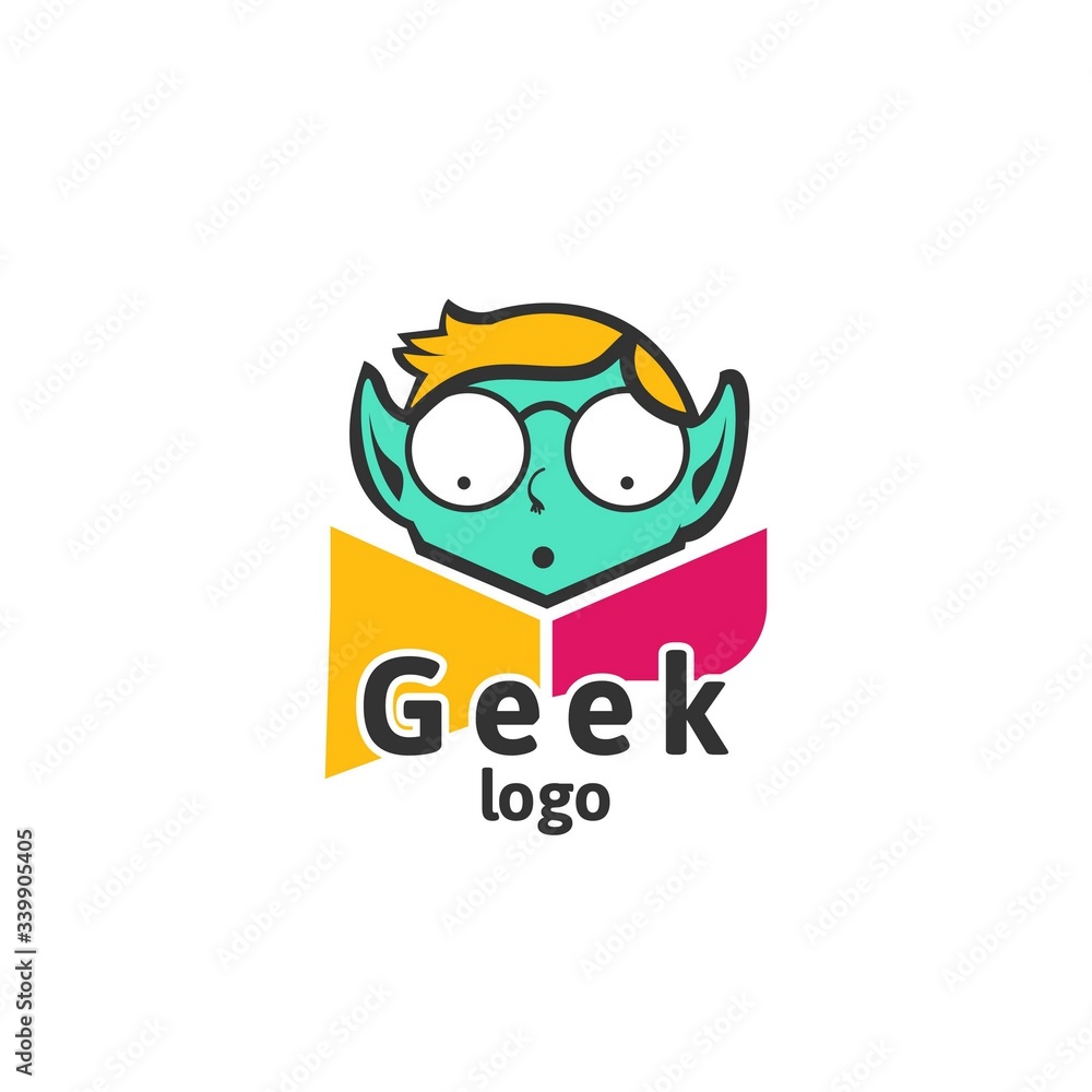 Geek logo design template with face in glasses. Vector illustration.