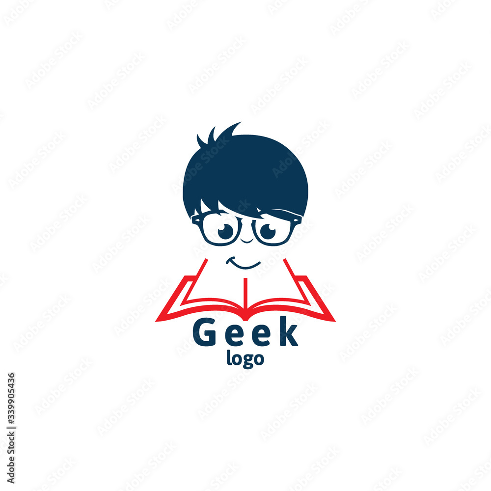 Geek logo design template with face in glasses. Vector illustration.