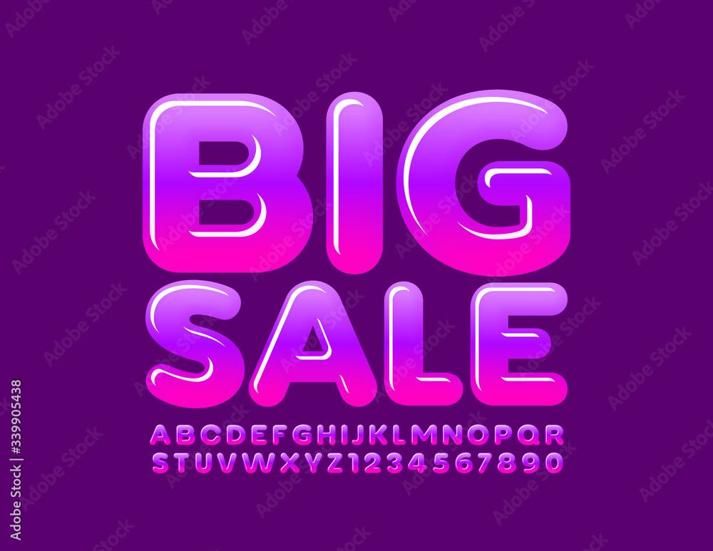 Vector bright emblem Big Sale with Creative Alphabet Letters and Numbers. Glossy modern Font Vector bright emblem Big Sale with Creative Alphabet Letters and Numbers. Glossy modern Font