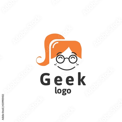 Geek logo design template with face in glasses. Vector illustration.