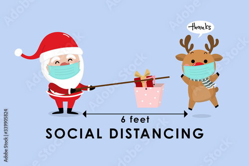 COVID-19 and social distancing with cute Christmas cartoon character. Santa Claus with a gift in the basket and reindeer with surgical mask in flat style. Corona virus protection. -Vector